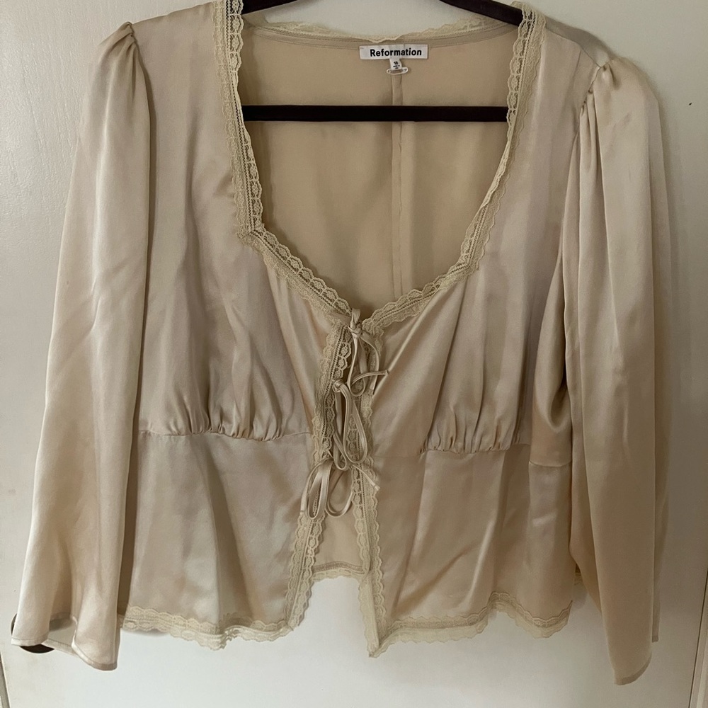 Reformation ES Silk Lucinda Blouse with Lace Trim